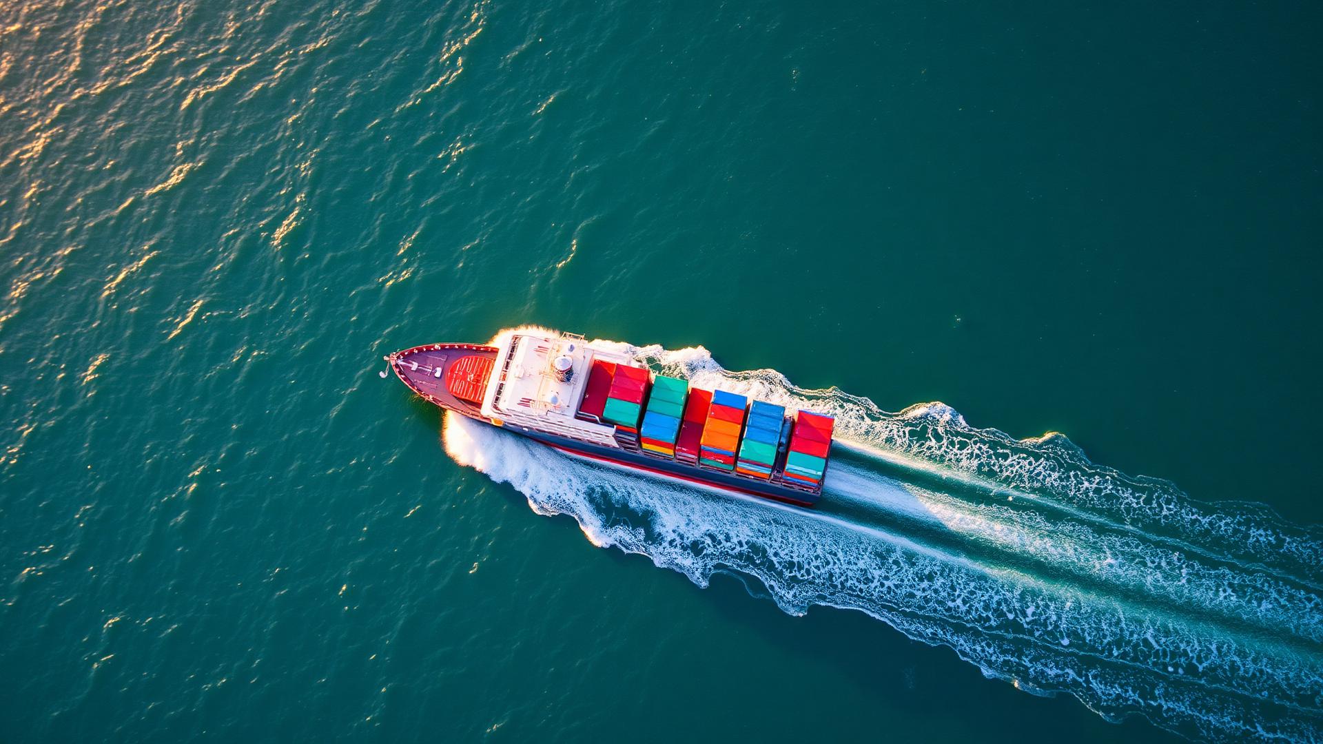 Aerial view of a container ship at sea
