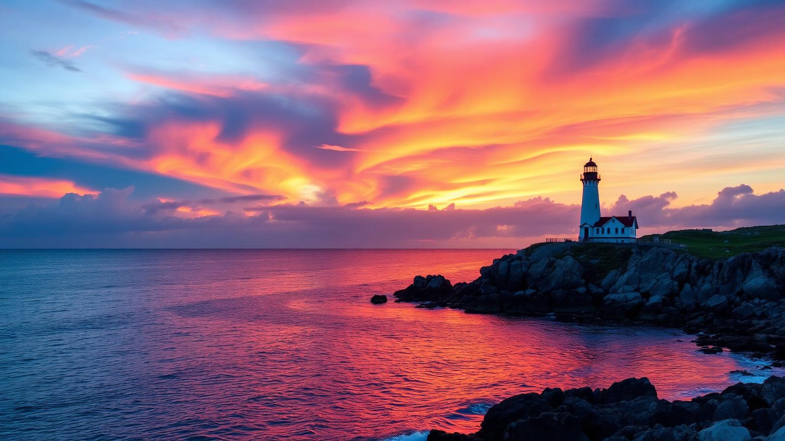 Lighthouse at sunset over the ocean